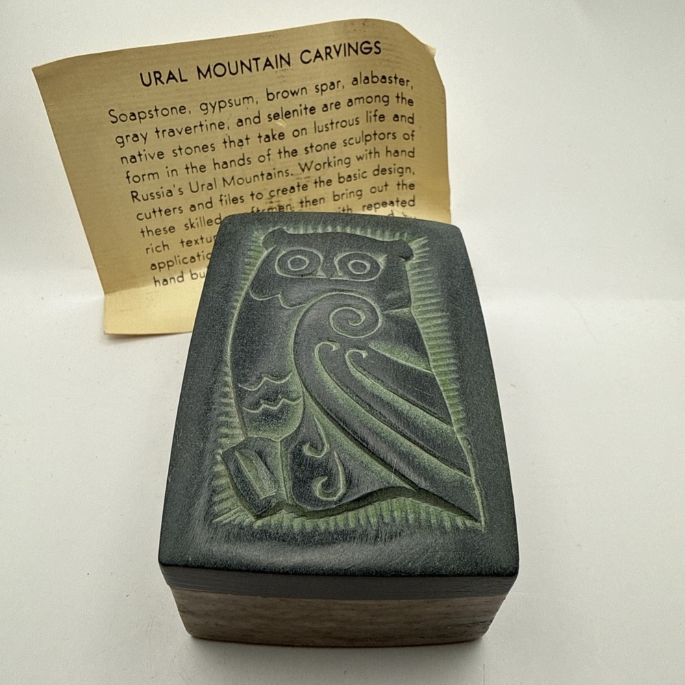 Vintage Ural Mountain Carvings Owl Soapstone Trinket Box Russia USSR Handmade